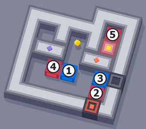 New positions are 1 = R4C3, 2 = R5C5, 3 = R4C5, 4 = R4C2, 5 = R1C5.
